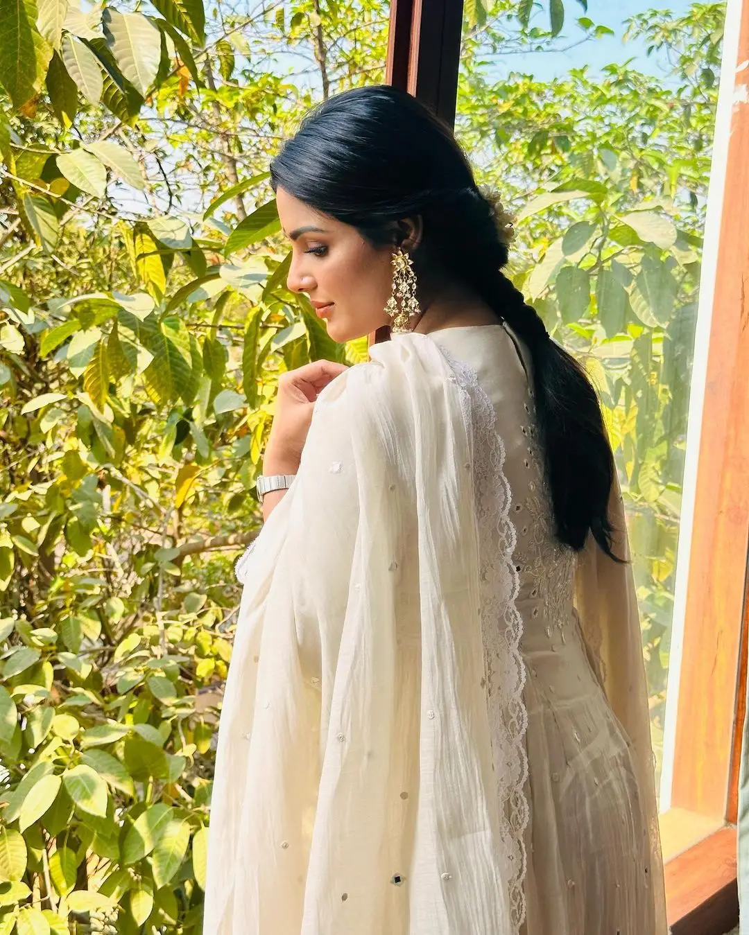 Samyuktha Menon Wearing Beautiful Earring White Designer Dress